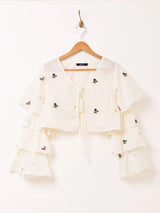 【3色展開】Meridian フラワー刺繍 ラッフルスリーブ 長袖ブラウス