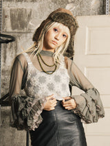 【4色展開】Meridian タートルネック フリルスリーブ シアーカットソー