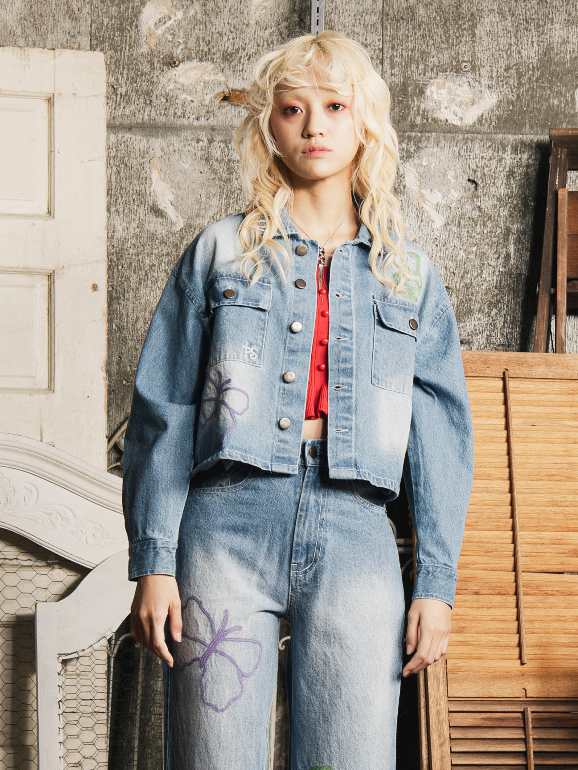 2色展開】Emerald Motel カラフル刺繍 クロップド デニムジャケット