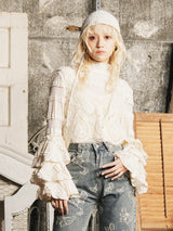 【2色展開】Meridian 長袖 タートルネック フリルスリーブ レースカットソー