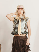 【3色展開】Elcamino ストライプ柄 フリルヘム ノースリーブシャツ