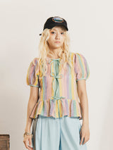 【2色展開】Emerald Motel カラフルストライプ メッシュ 半袖ブラウス