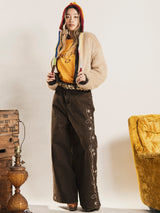 Meridian 刺繍 ブラウンカラー ワイドパンツ