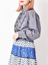 カットワーク刺繍 スタンドカラー長袖ブラウス