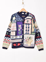 パッチワーク風 刺繍 カーディガン