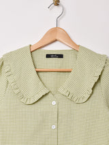 【2色展開】Meridian フリルカラー ギンガムチェック 半袖ブラウス