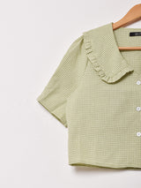 【2色展開】Meridian フリルカラー ギンガムチェック 半袖ブラウス