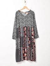 総柄 パッチワークデザイン 長袖ワンピース
