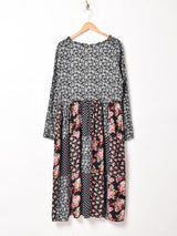 総柄 パッチワークデザイン 長袖ワンピース