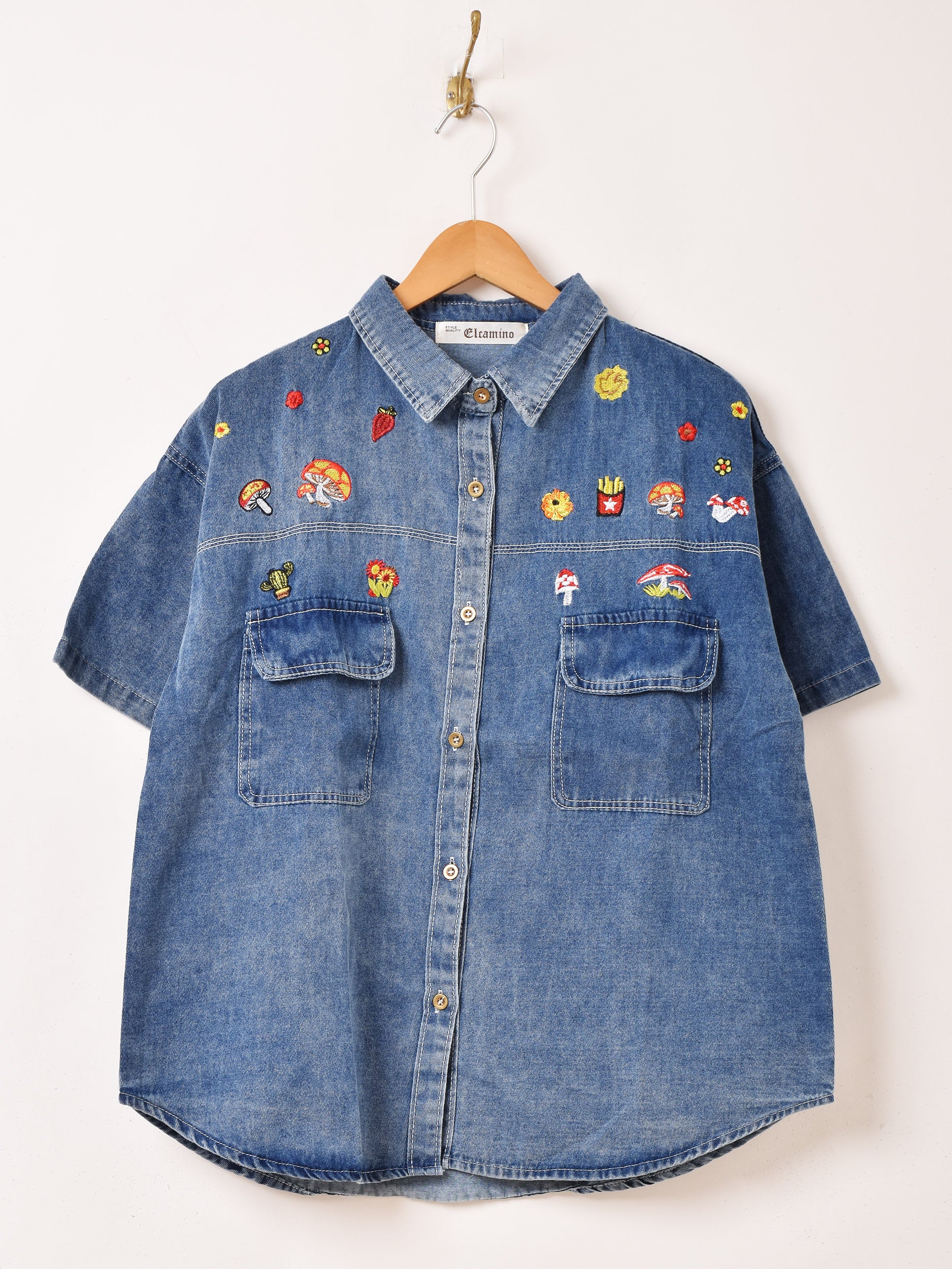 Elcamino キノコ刺繍 半袖 デニムシャツ – 古着屋Top of the Hillの