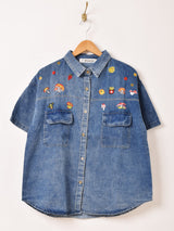 Elcamino キノコ刺繍 半袖 デニムシャツ
