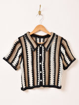 Elcamino ストライプ 半袖 クロシェカーディガン