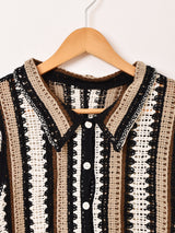 Elcamino ストライプ 半袖 クロシェカーディガン