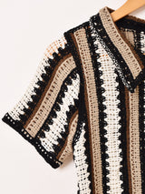 Elcamino ストライプ 半袖 クロシェカーディガン