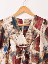 Meridian 総柄 フレアスリーブ ミニ 長袖ワンピース