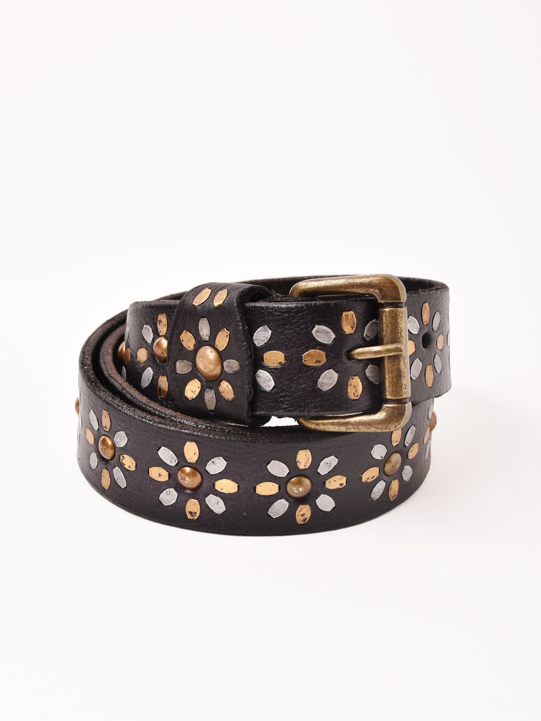 80s archive フリルフラワー装飾ベルト 黒 FLEUR STUDDED LEATHER DROP