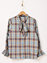 Meridian チェック柄 フリル ボウタイブラウス