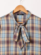 Meridian チェック柄 フリル ボウタイブラウス