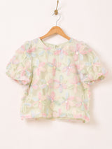 【2色展開】Meridian フラワー刺繍 半袖 チュールトップス