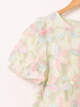 【2色展開】Meridian フラワー刺繍 半袖 チュールトップス