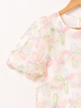 【2色展開】Meridian フラワー刺繍 半袖 チュールトップス