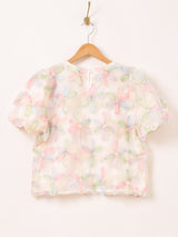 【2色展開】Meridian フラワー刺繍 半袖 チュールトップス