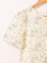 Meridian フラワー刺繍 ラメ 半袖 チュールトップス