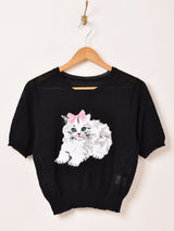 【2色展開】Meridian ネコ 刺繍 半袖セーター