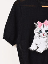【2色展開】Meridian ネコ 刺繍 半袖セーター