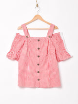 ギンガムチェック オフショルダー チロリアントップス