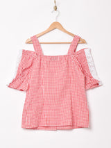 ギンガムチェック オフショルダー チロリアントップス