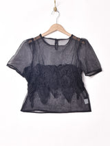 【2色展開】Meridian シアー ドッキングキャミソール付き 半袖トップス