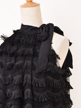 Elcamino チュール×フリンジ リボンネック ノースリーブワンピース