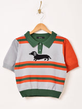 Meridian ダックスフント ボーダー 半袖 ポロセーター