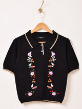 【2色展開】Meridian フラワー刺繍 半袖 ポロセーター