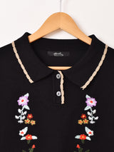 【2色展開】Meridian フラワー刺繍 半袖 ポロセーター