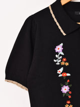 【2色展開】Meridian フラワー刺繍 半袖 ポロセーター
