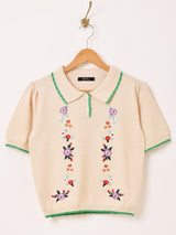 【2色展開】Meridian フラワー刺繍 半袖 ポロセーター