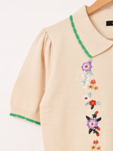 【2色展開】Meridian フラワー刺繍 半袖 ポロセーター