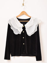 Meridian ラッフルカラー ベロア 長袖ブラウス