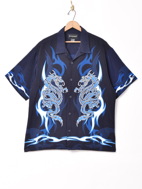 ドラゴンモチーフ 半袖 オープンカラーシャツ