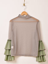 【4色展開】Meridian タートルネック フリルスリーブ シアーカットソー