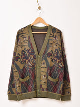 総柄 乗馬&ペイズリー Vネック カーディガン