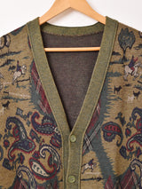 総柄 乗馬&ペイズリー Vネック カーディガン