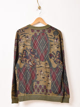 総柄 乗馬&ペイズリー Vネック カーディガン