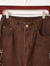 Meridian 刺繍 ブラウンカラー ワイドパンツ