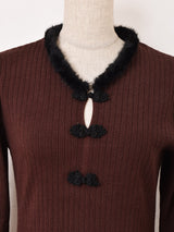 【2色展開】Meridian チャイナボタン ファー 長袖ニットワンピース