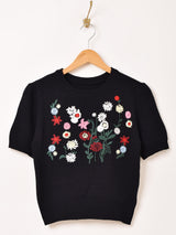 【2色展開】Meridian フラワー 刺繍 半袖セーター