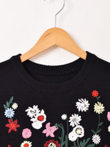 【2色展開】Meridian フラワー 刺繍 半袖セーター