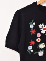 【2色展開】Meridian フラワー 刺繍 半袖セーター